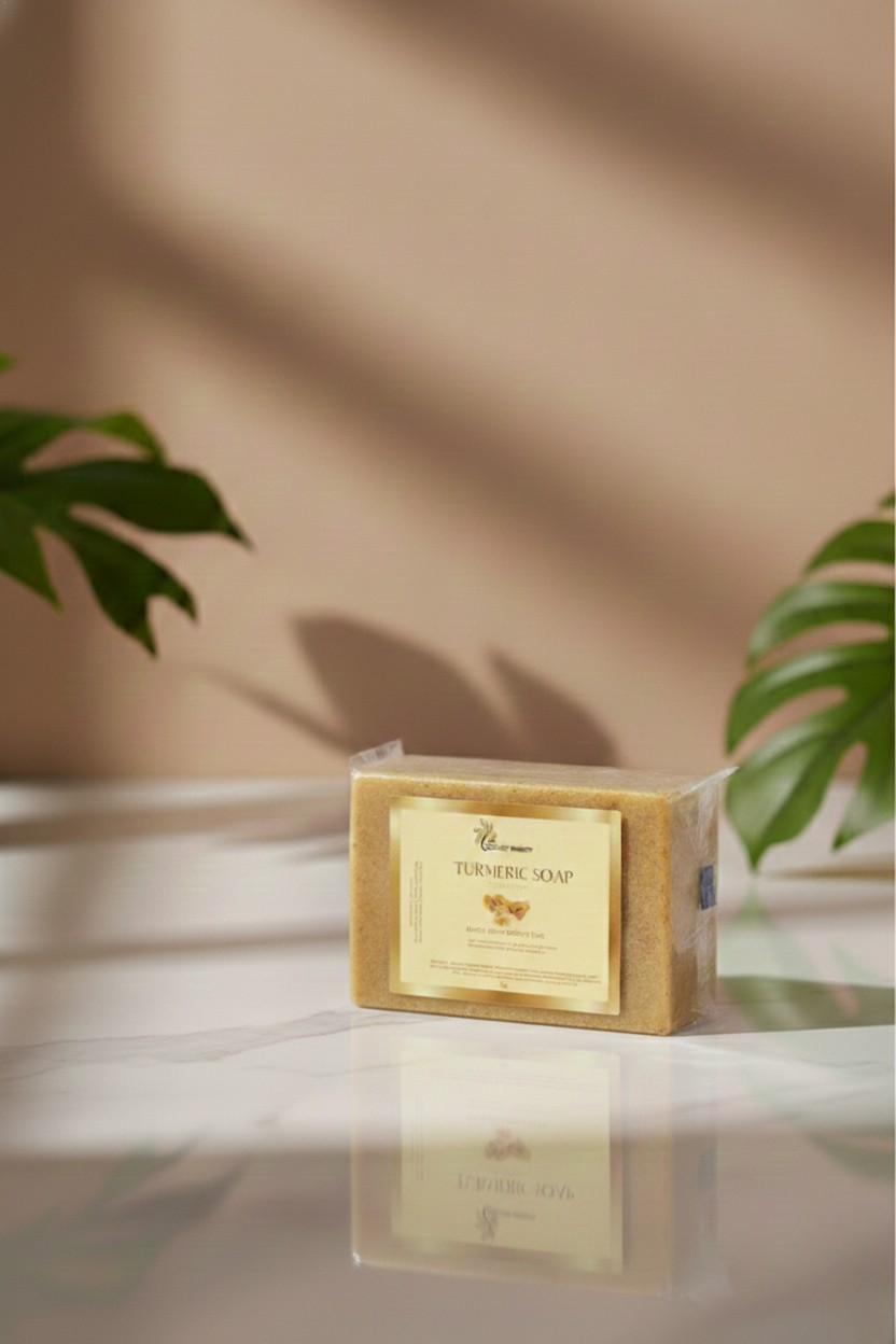 Bar of soap in packaging with a plant in the background